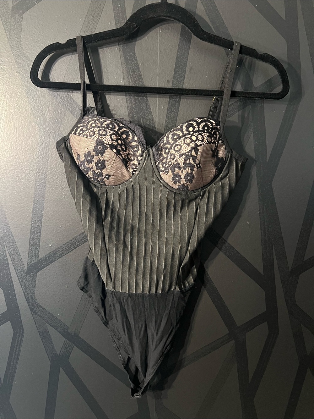 Black Lace-Accent Bodysuit with Padded Cups